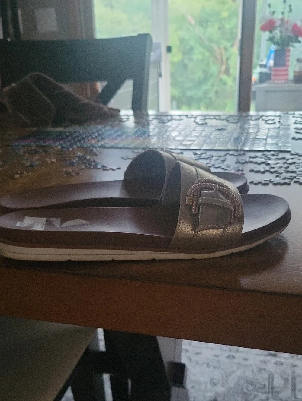 Metallic Gold Slide Sandals with Decorative Buckle 10.WIDE